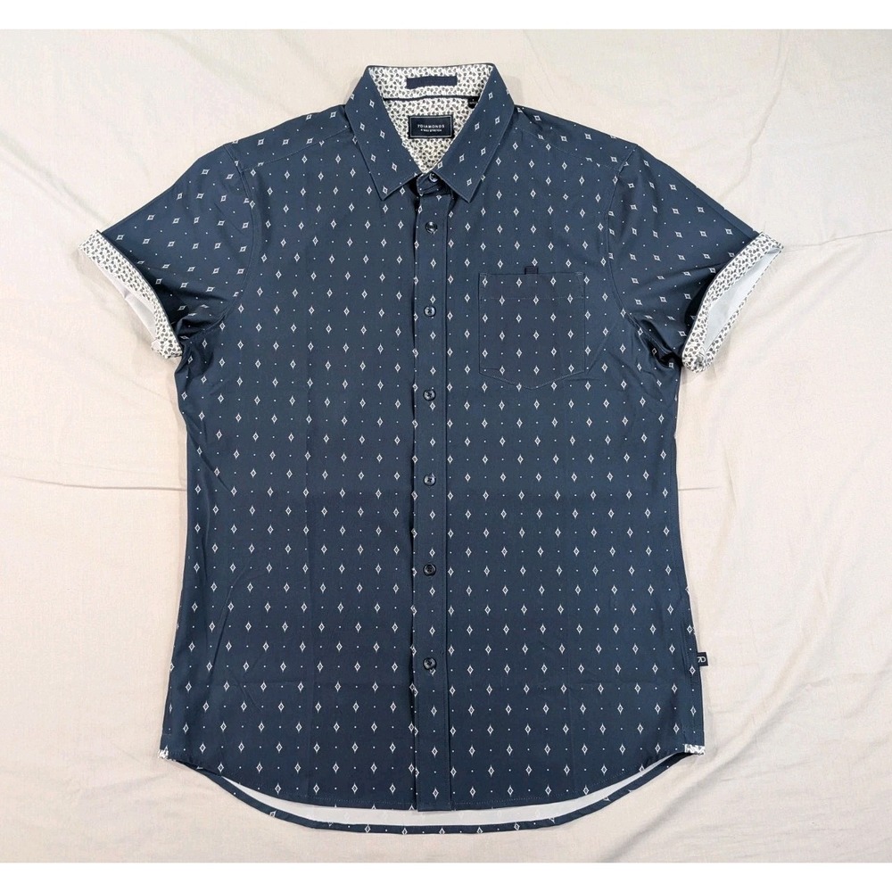 7 Diamonds Mens Small Navy All Over Print Flip Cuff 4 Way Stretch Shirt SMK-7413